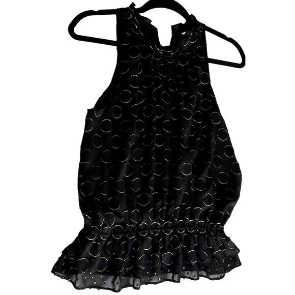 Ramy Brook Blouse Top Women Black Gold Polka Dot Ruffled Sleeveless Designer - Picture 2 of 11